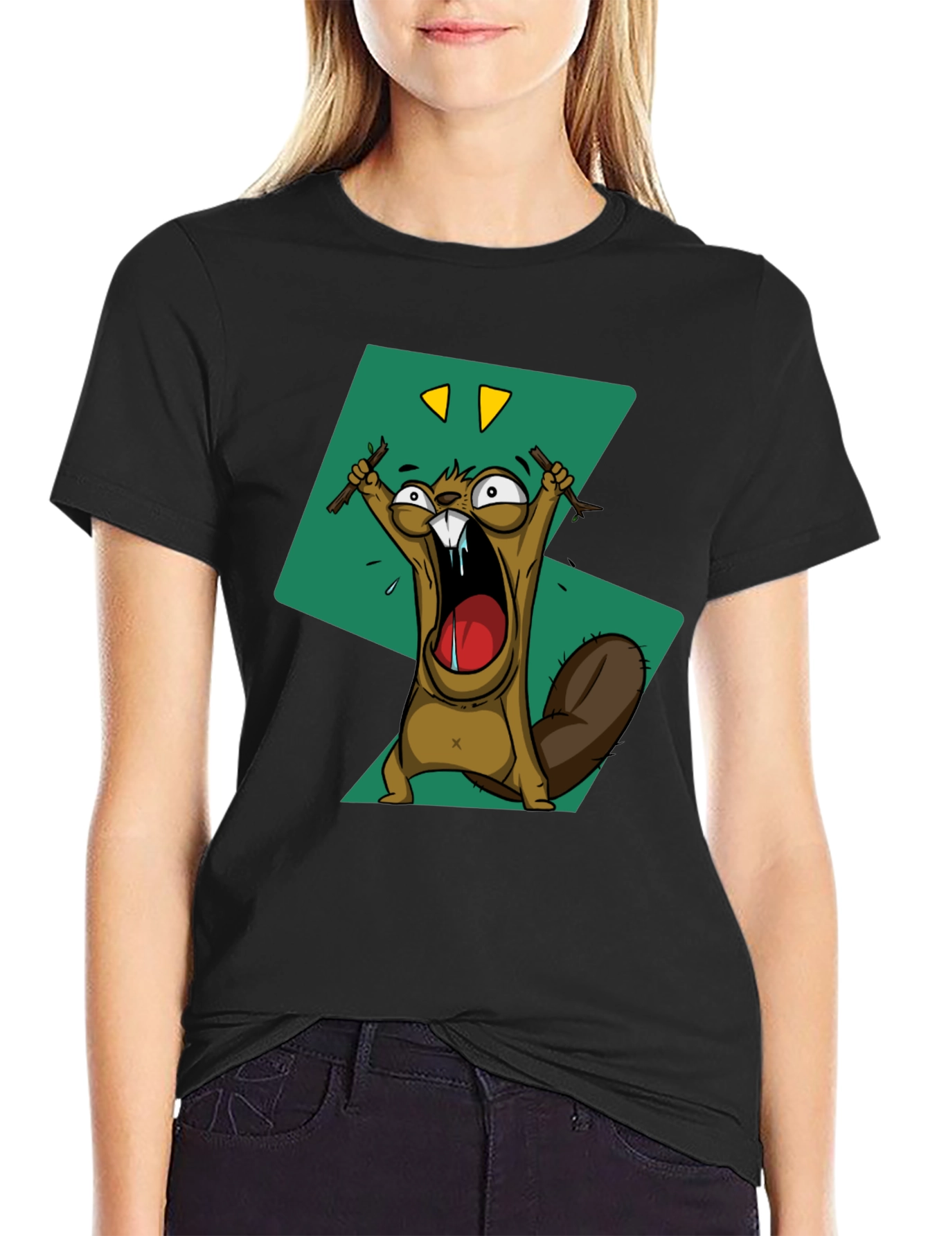 Cartoon Beaver Graphic Print Tee