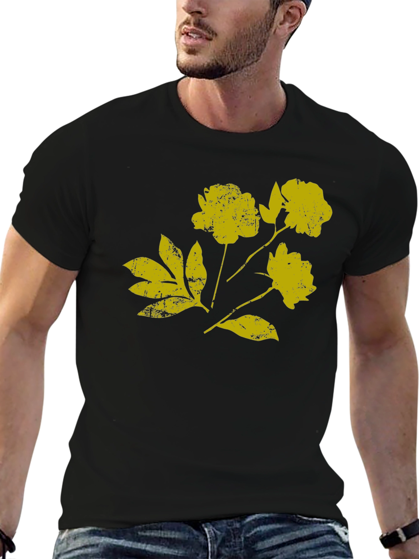 Black T-Shirt with Distressed Floral Graphic