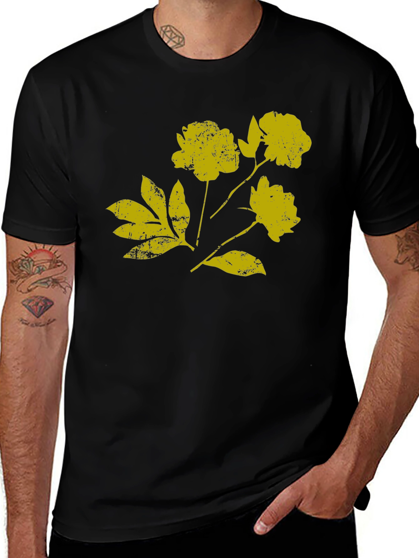 Black T-Shirt with Distressed Floral Graphic