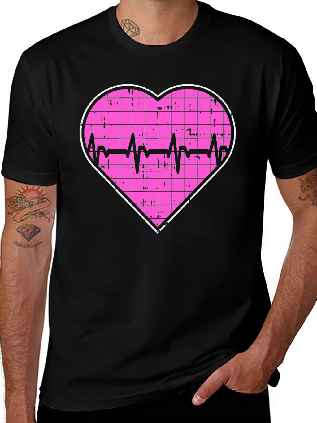 Heartbeat Grid Heart T-Shirt - Black