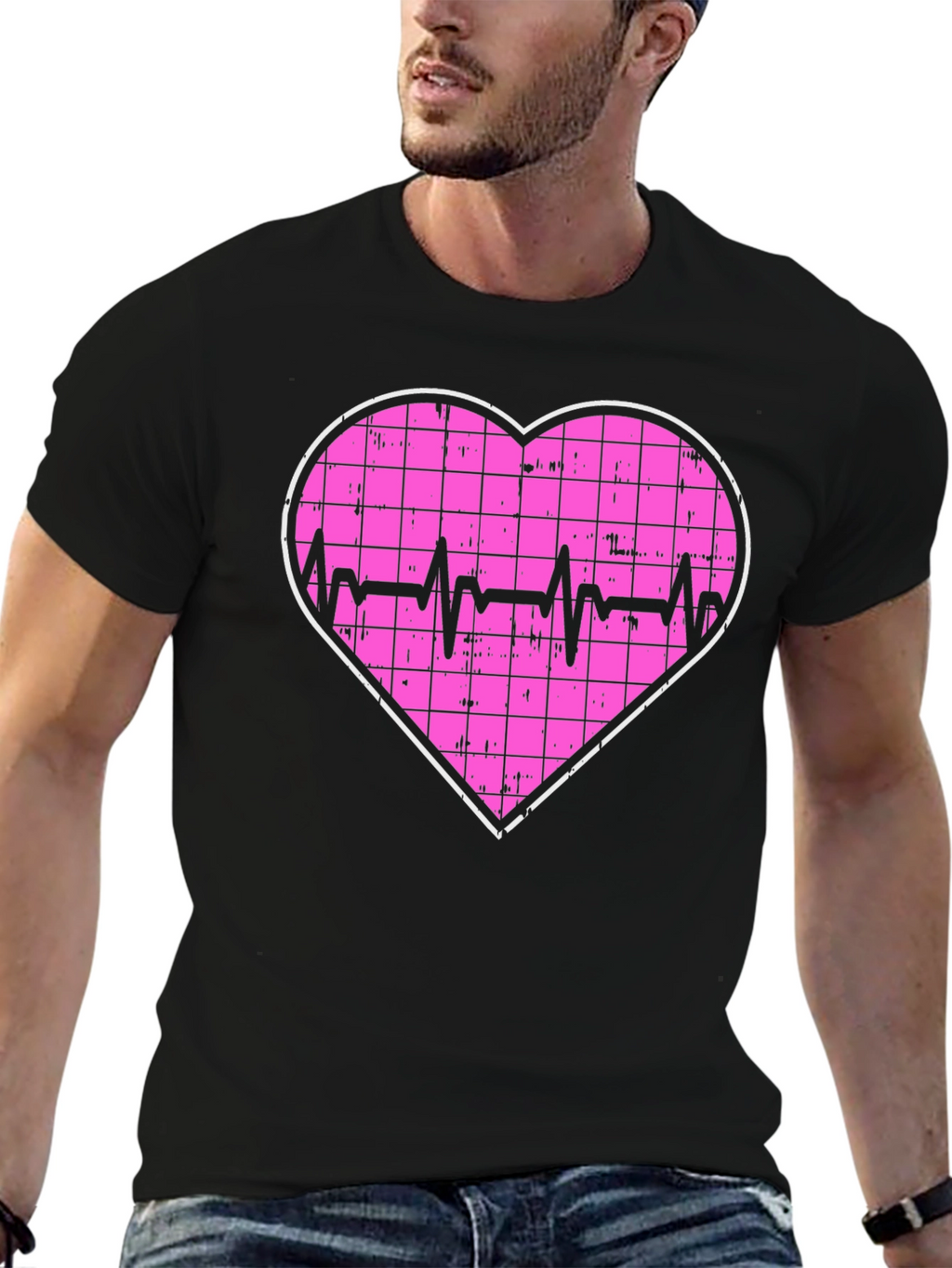 Heartbeat Grid Heart T-Shirt - Black