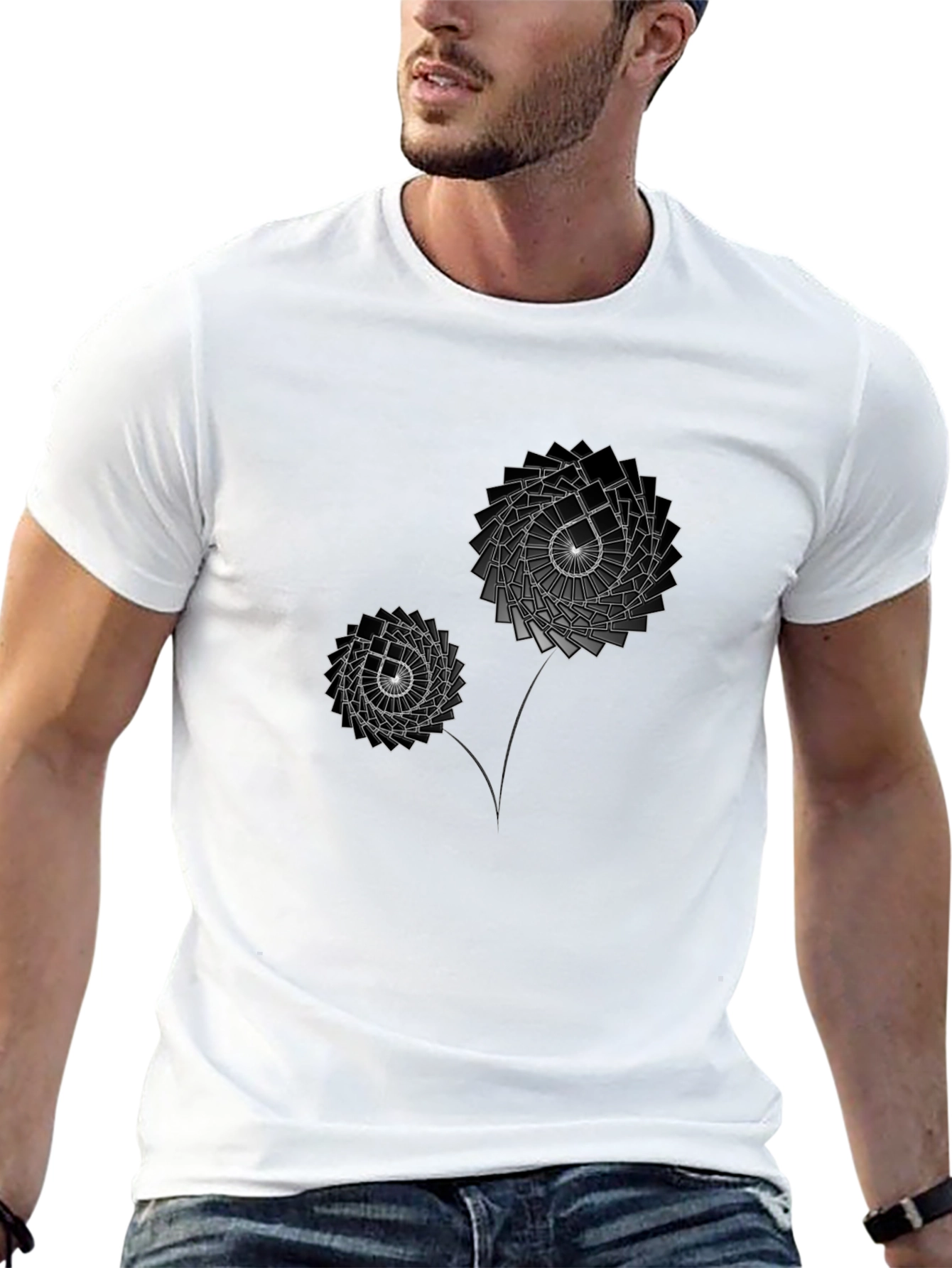 Geometric Flower Graphic Print Black T-Shirt