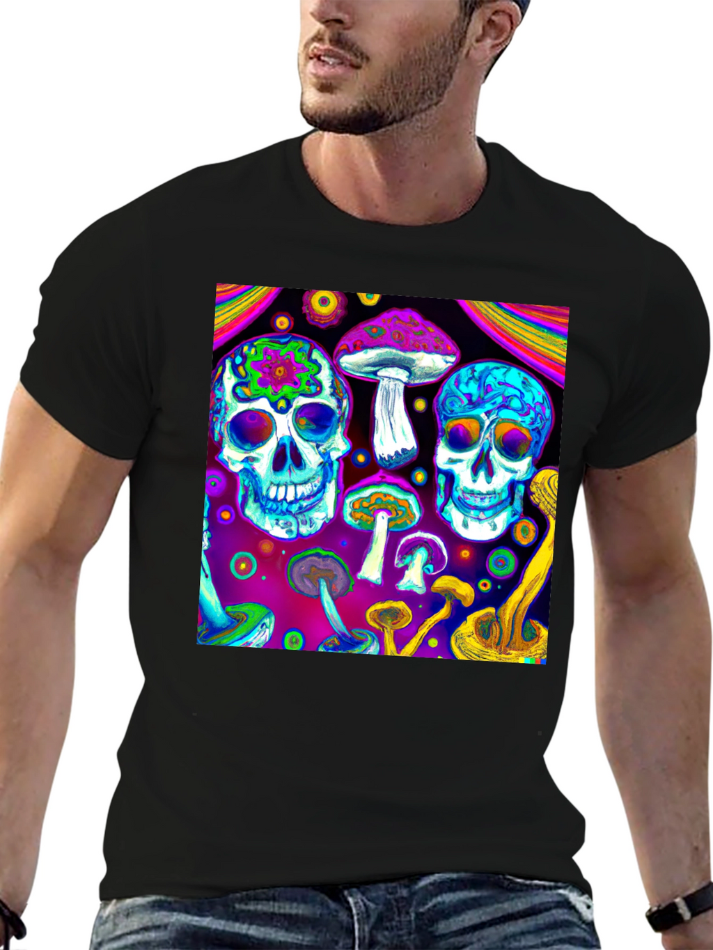 Psychedelic Skull & Mushroom Graphic T-Shirt