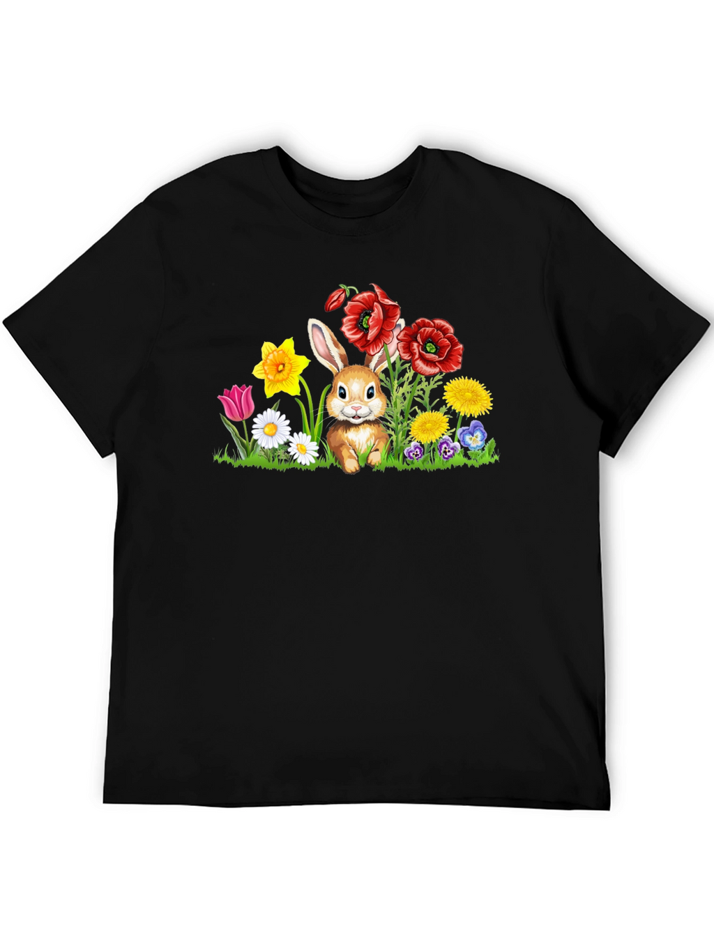 Cute Bunny in Flower Patch Black T-Shirt