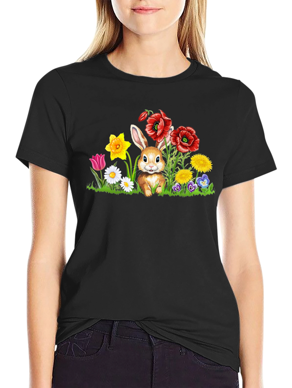 Cute Bunny in Flower Patch Black T-Shirt