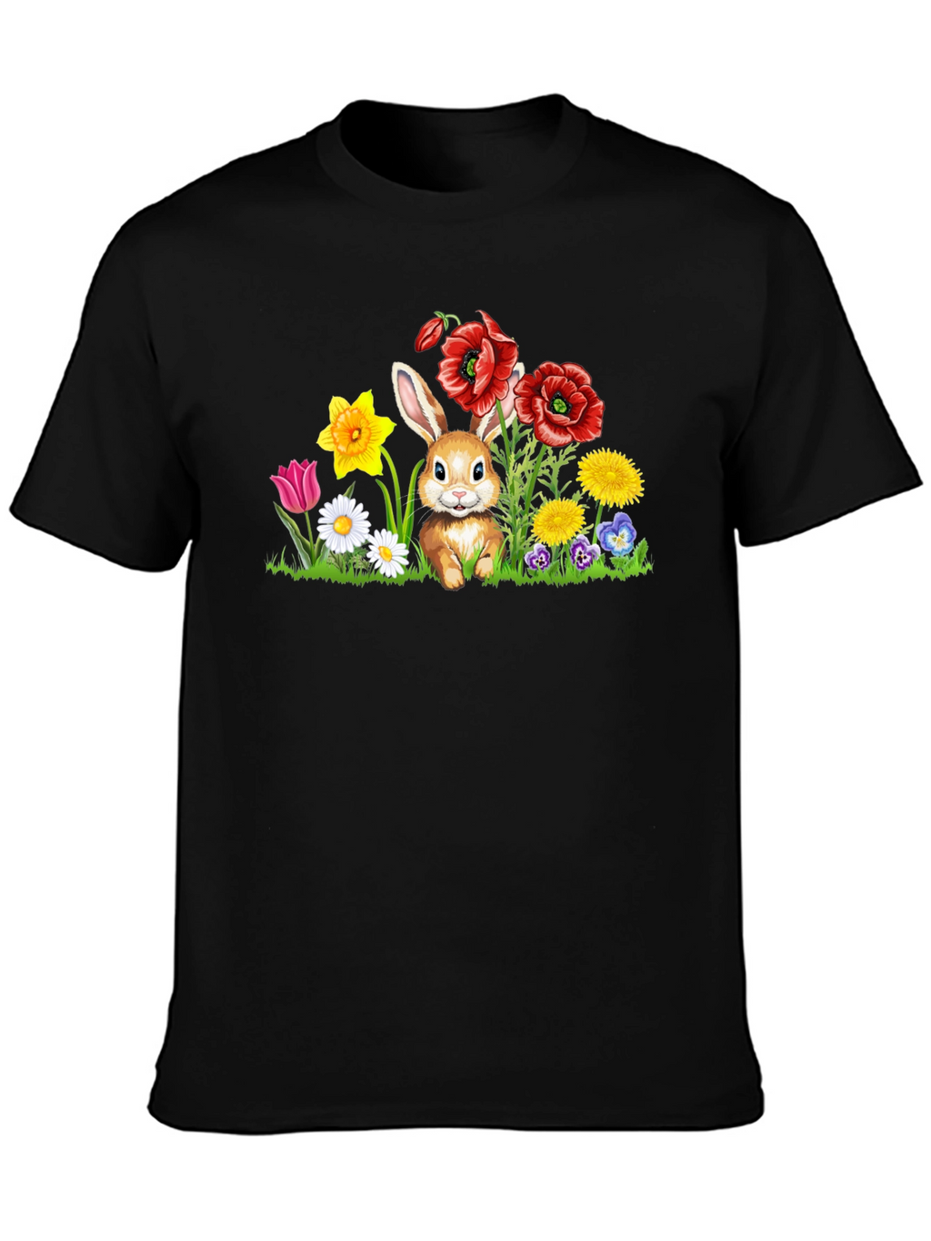 Cute Bunny in Flower Patch Black T-Shirt