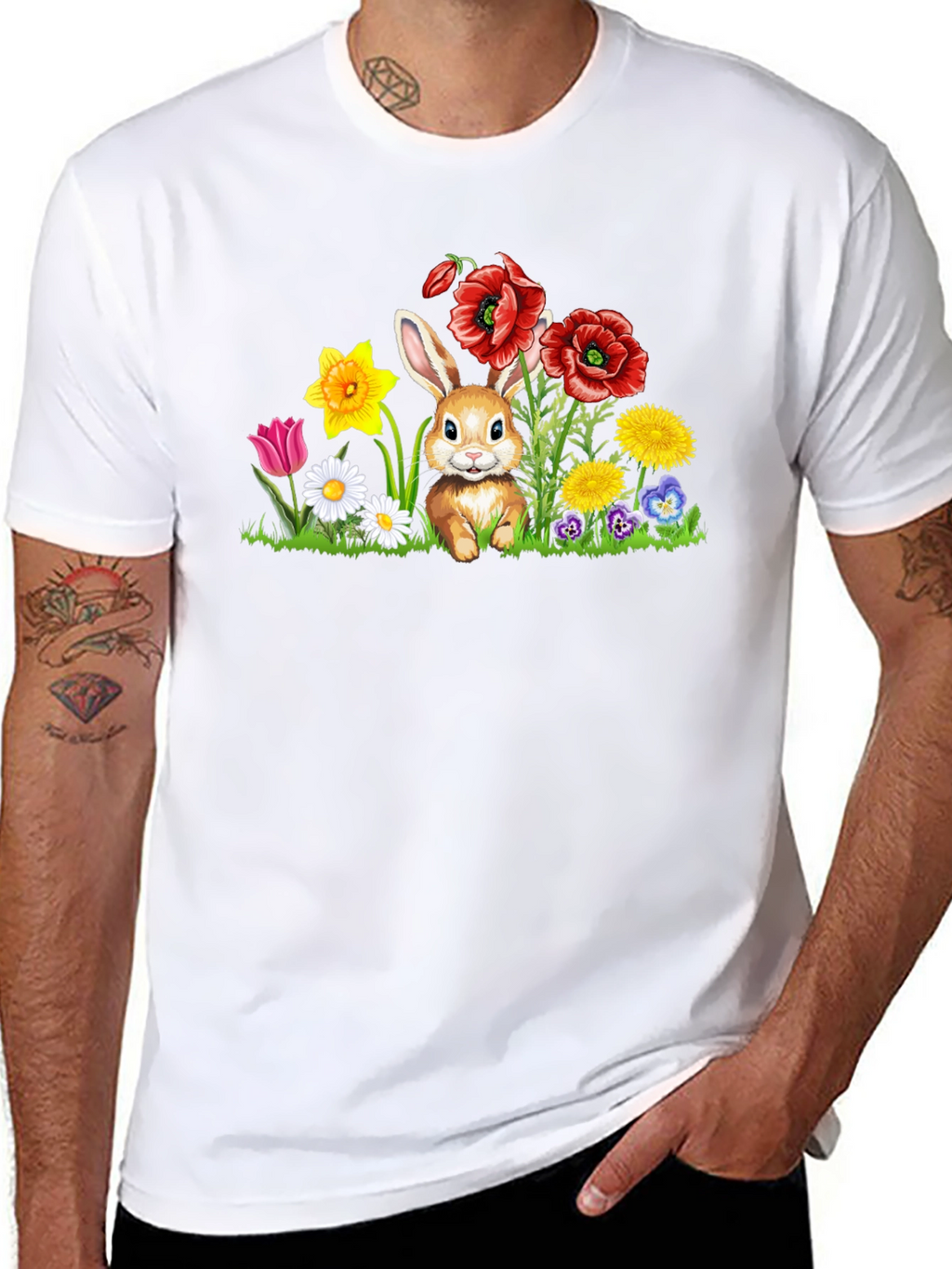 Cute Bunny in Flower Patch Black T-Shirt