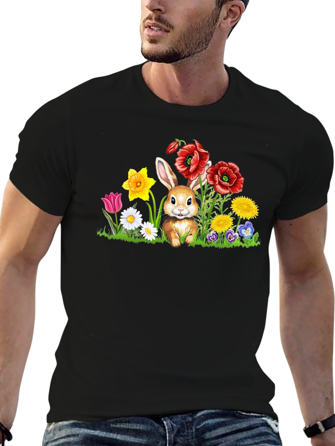 Cute Bunny in Flower Patch Black T-Shirt
