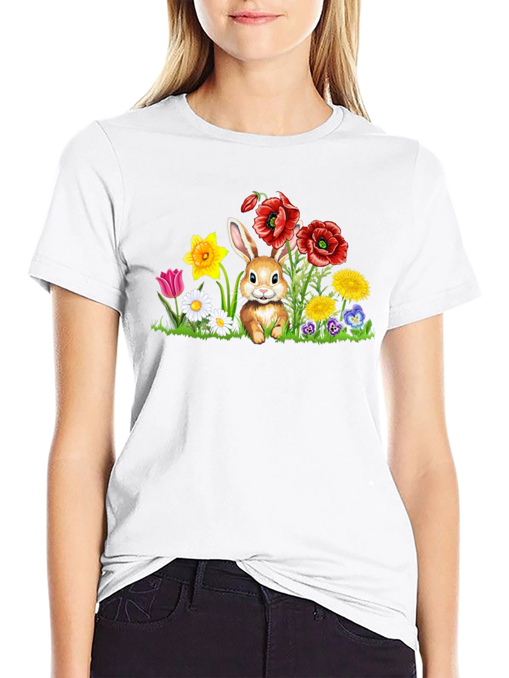 Cute Bunny in Flower Patch Black T-Shirt