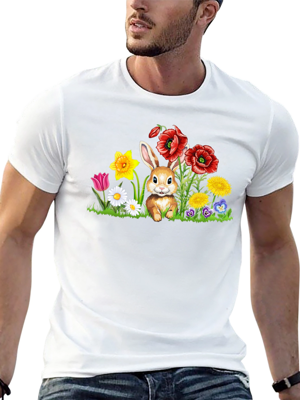 Cute Bunny in Flower Patch Black T-Shirt