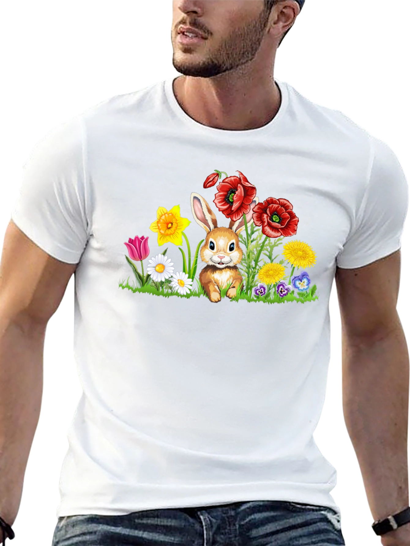 Cute Bunny in Flower Patch Black T-Shirt