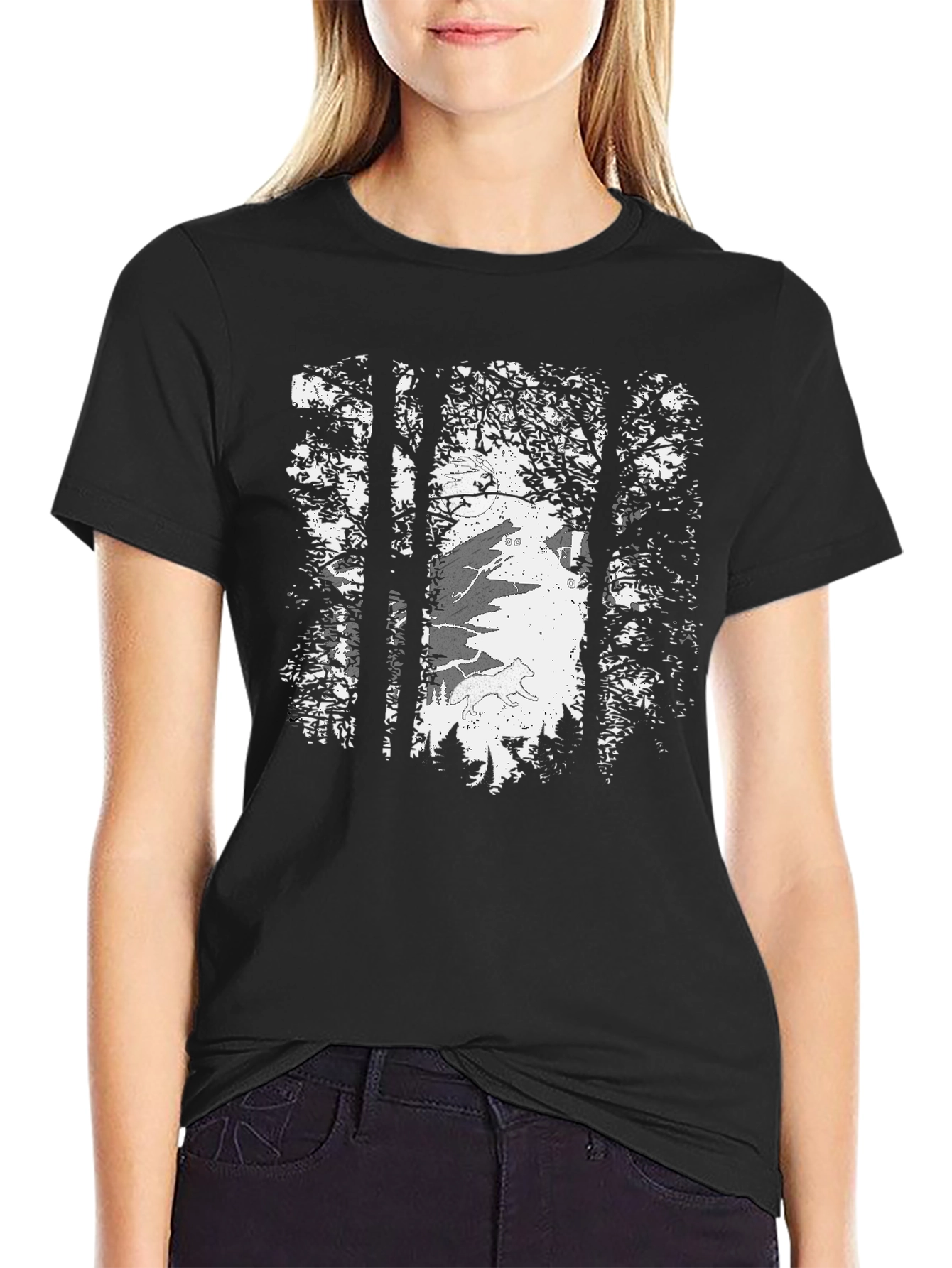 Wolf Moon Forest Tee - Graphic Print Black T-Shirt