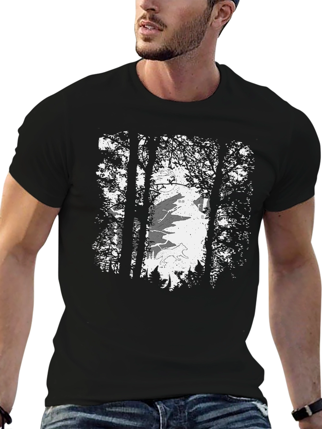 Wolf Moon Forest Tee - Graphic Print Black T-Shirt