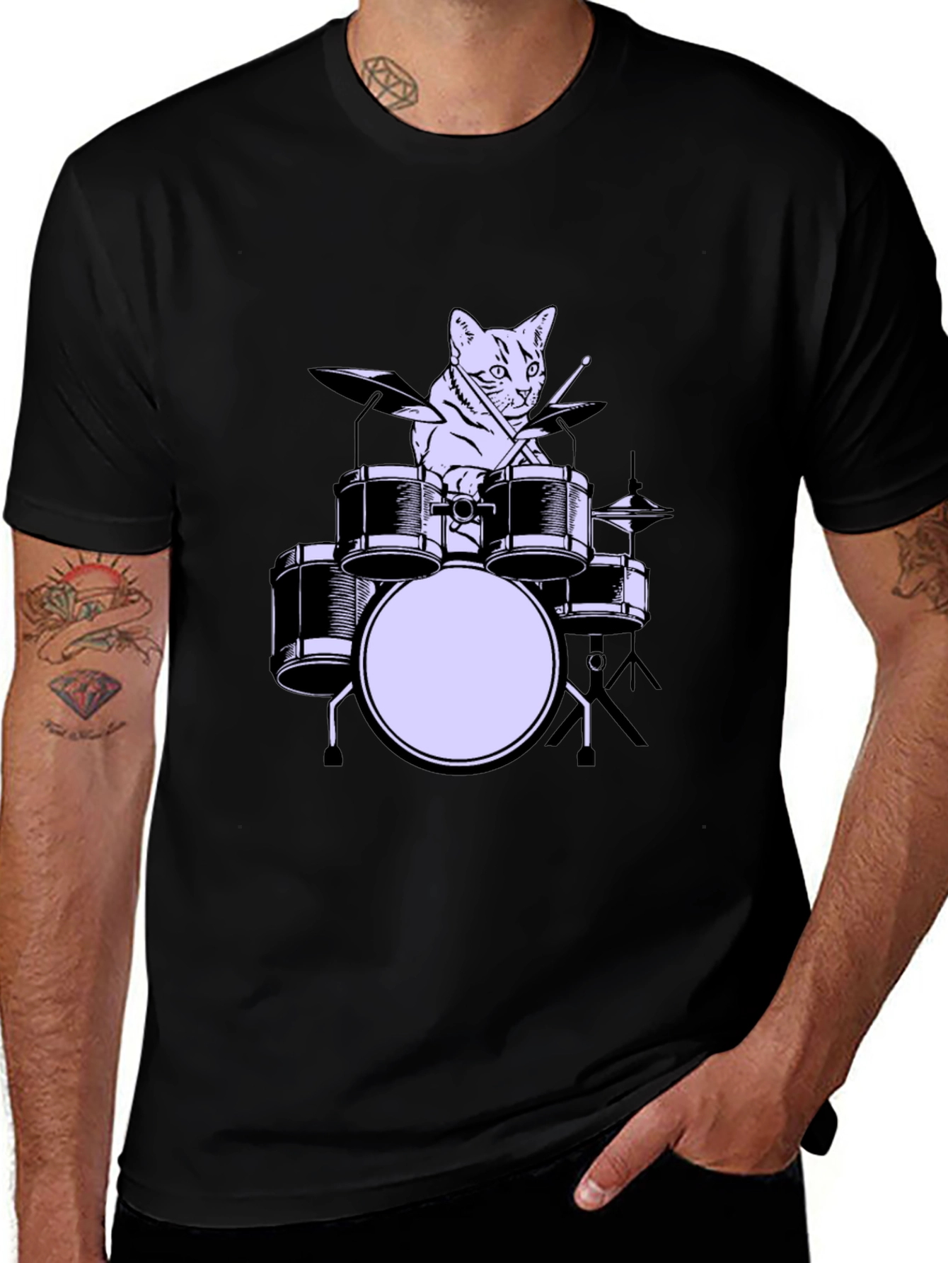 Cat Drummer Graphic Tee - Cool Musician Cat Shirt