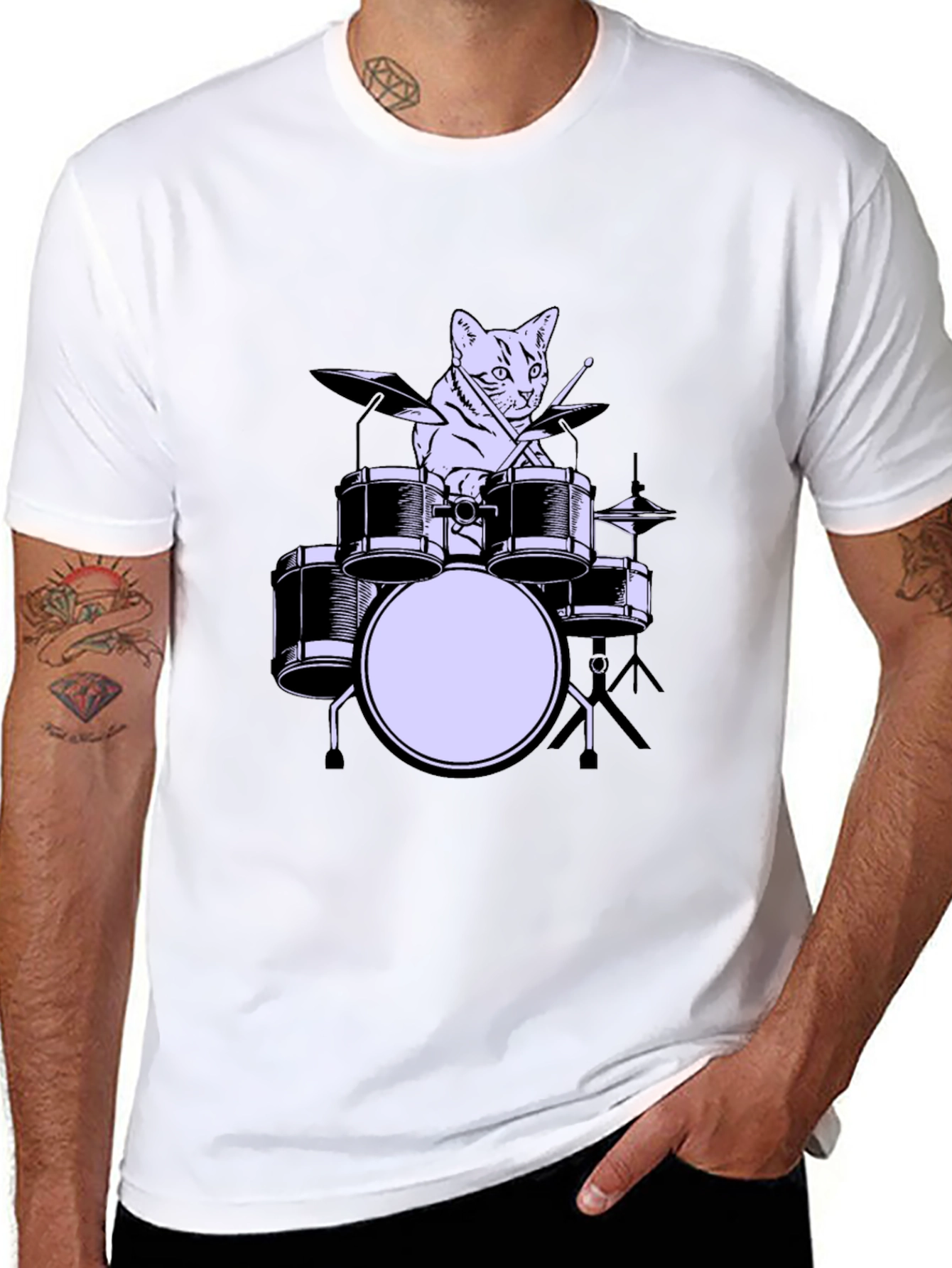Cat Drummer Graphic Tee - Cool Musician Cat Shirt