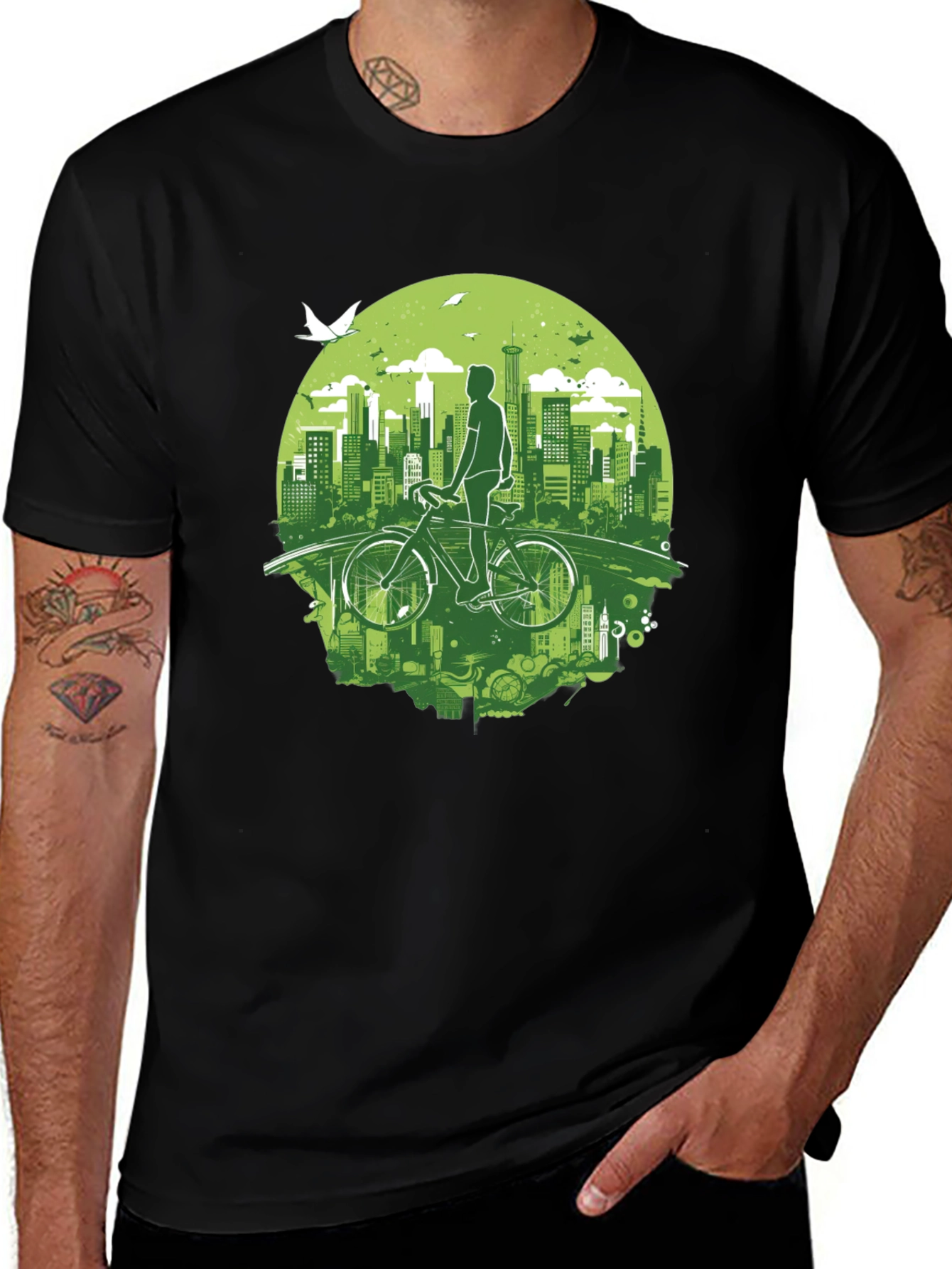 Eco Cityscape Cyclist Graphic Tee - Black