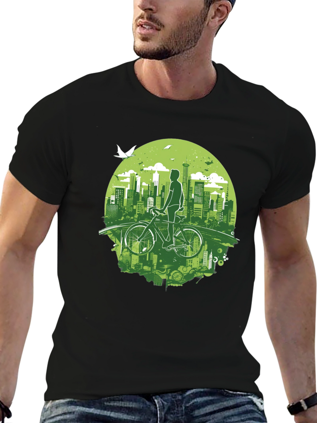 Eco Cityscape Cyclist Graphic Tee - Black