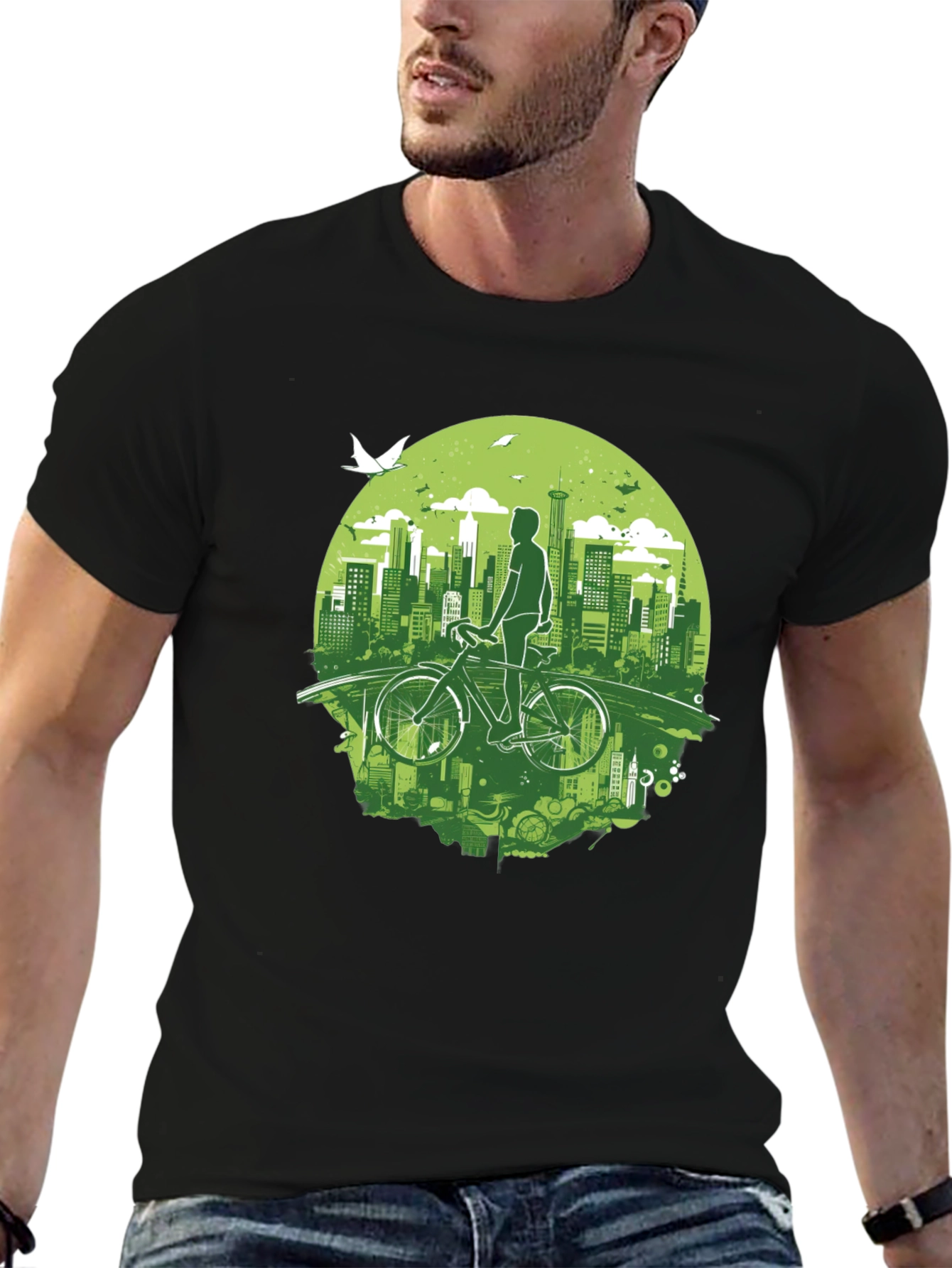 Eco Cityscape Cyclist Graphic Tee - Black
