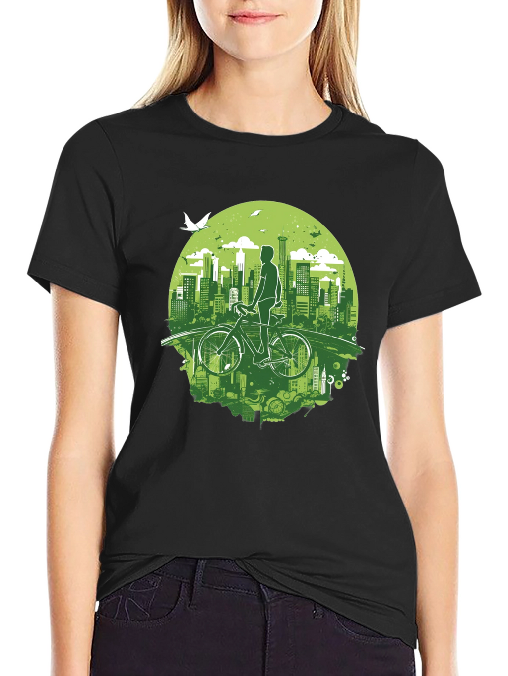 Eco Cityscape Cyclist Graphic Tee - Black