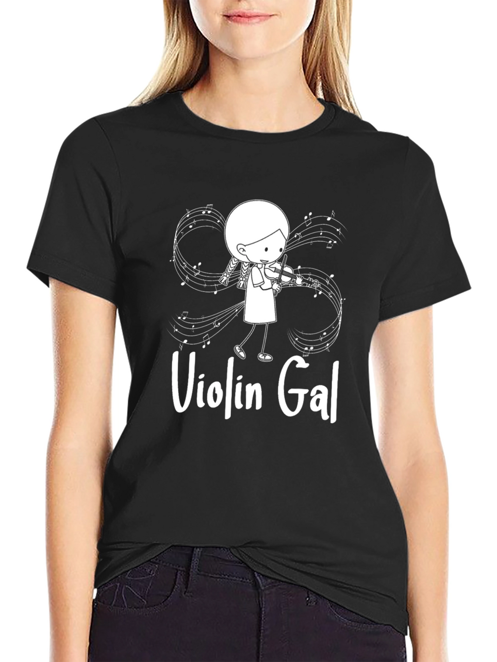 Violin Gal Graphic T-Shirt - Black Cotton Tee