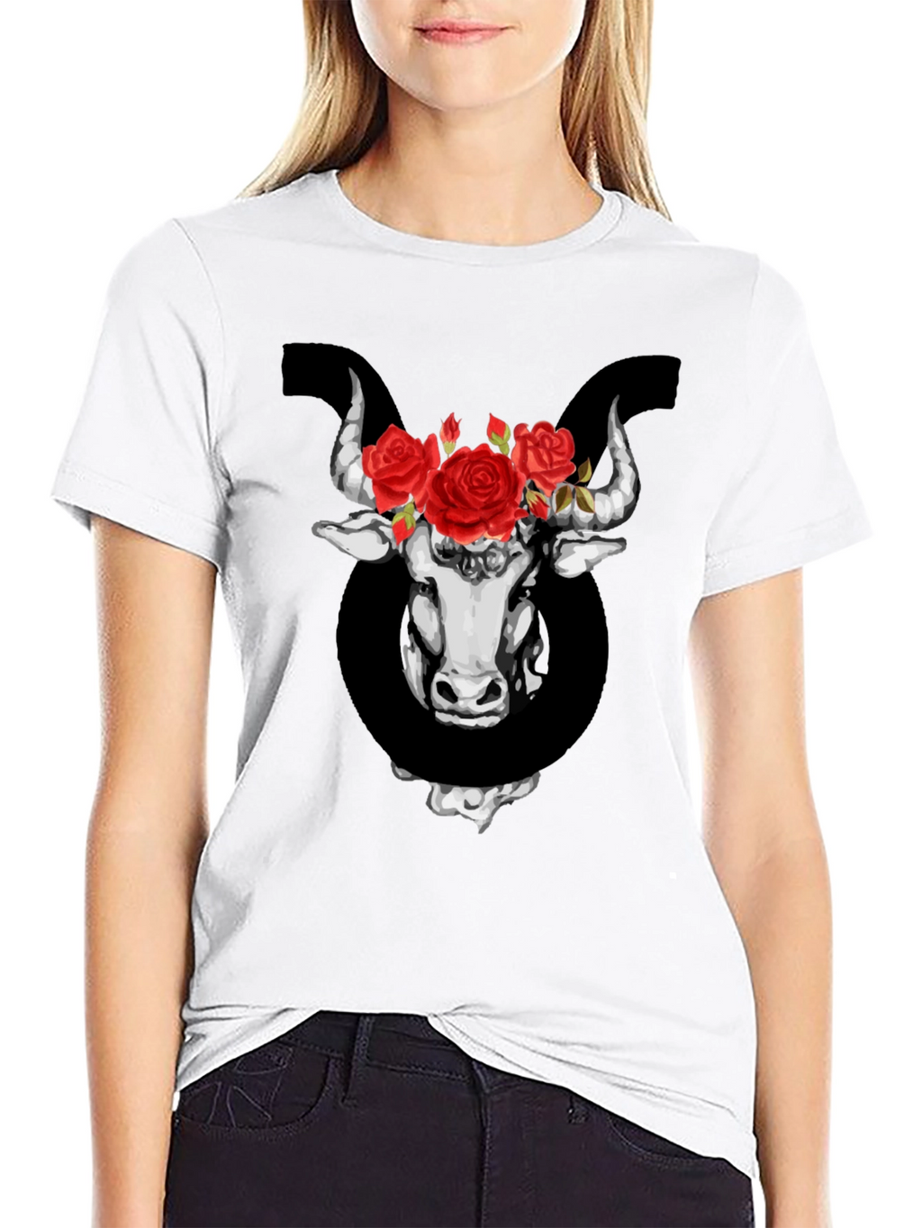 Taurus Zodiac Bull with Roses Graphic T-Shirt
