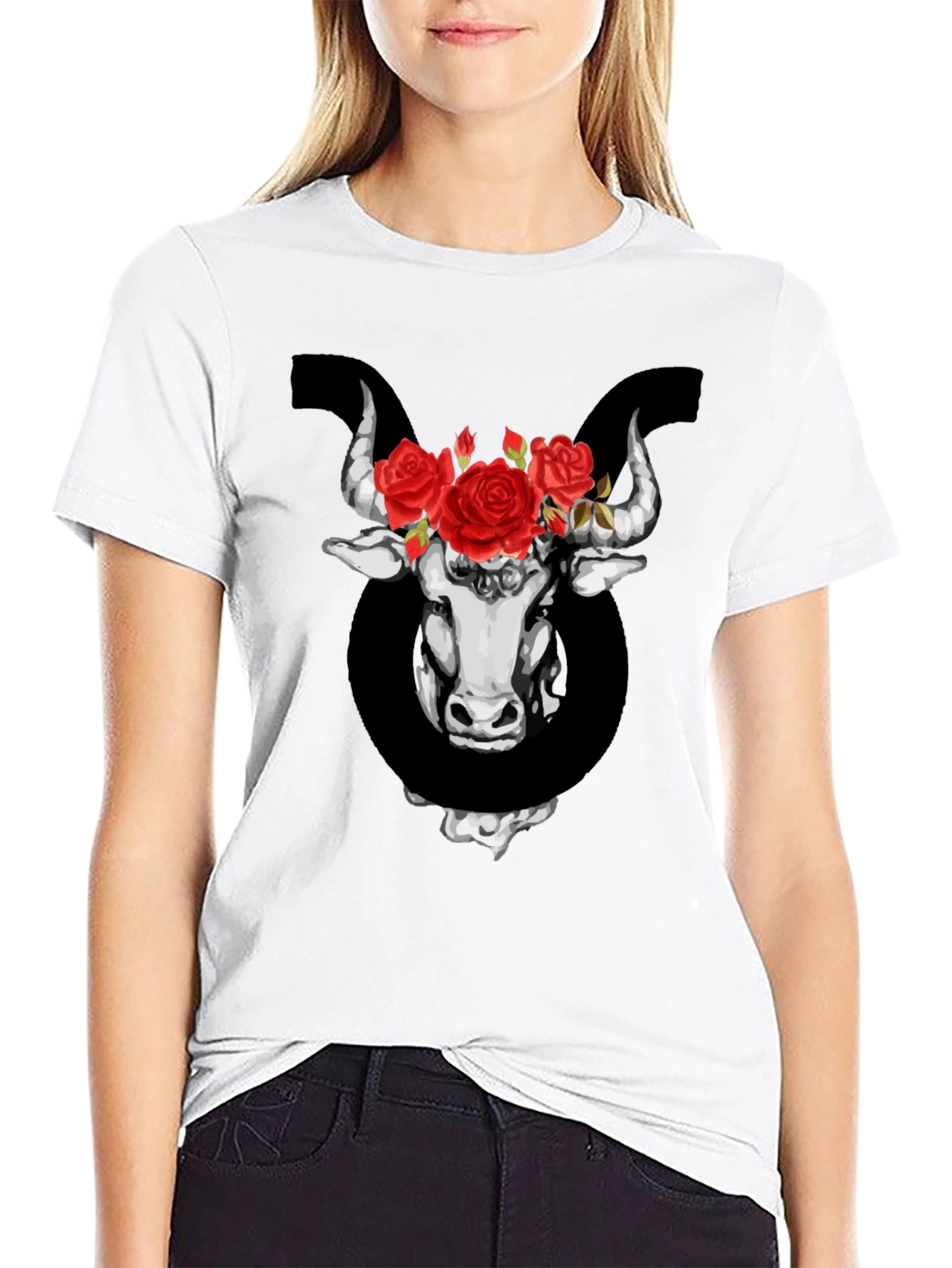 Taurus Zodiac Bull with Roses Graphic T-Shirt