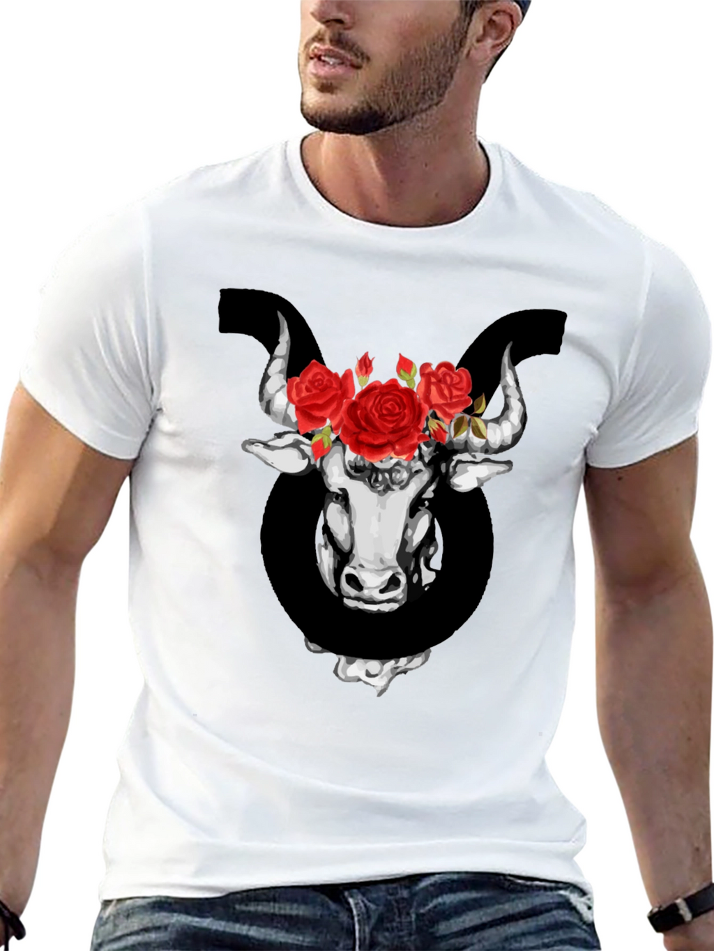 Taurus Zodiac Bull with Roses Graphic T-Shirt