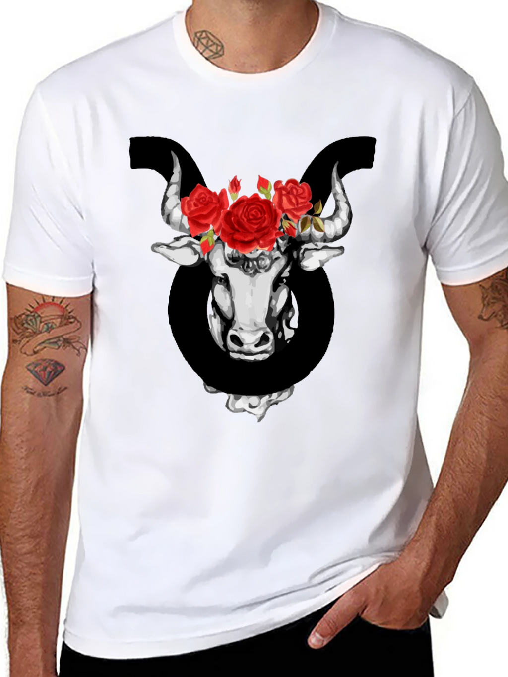 Taurus Zodiac Bull with Roses Graphic T-Shirt