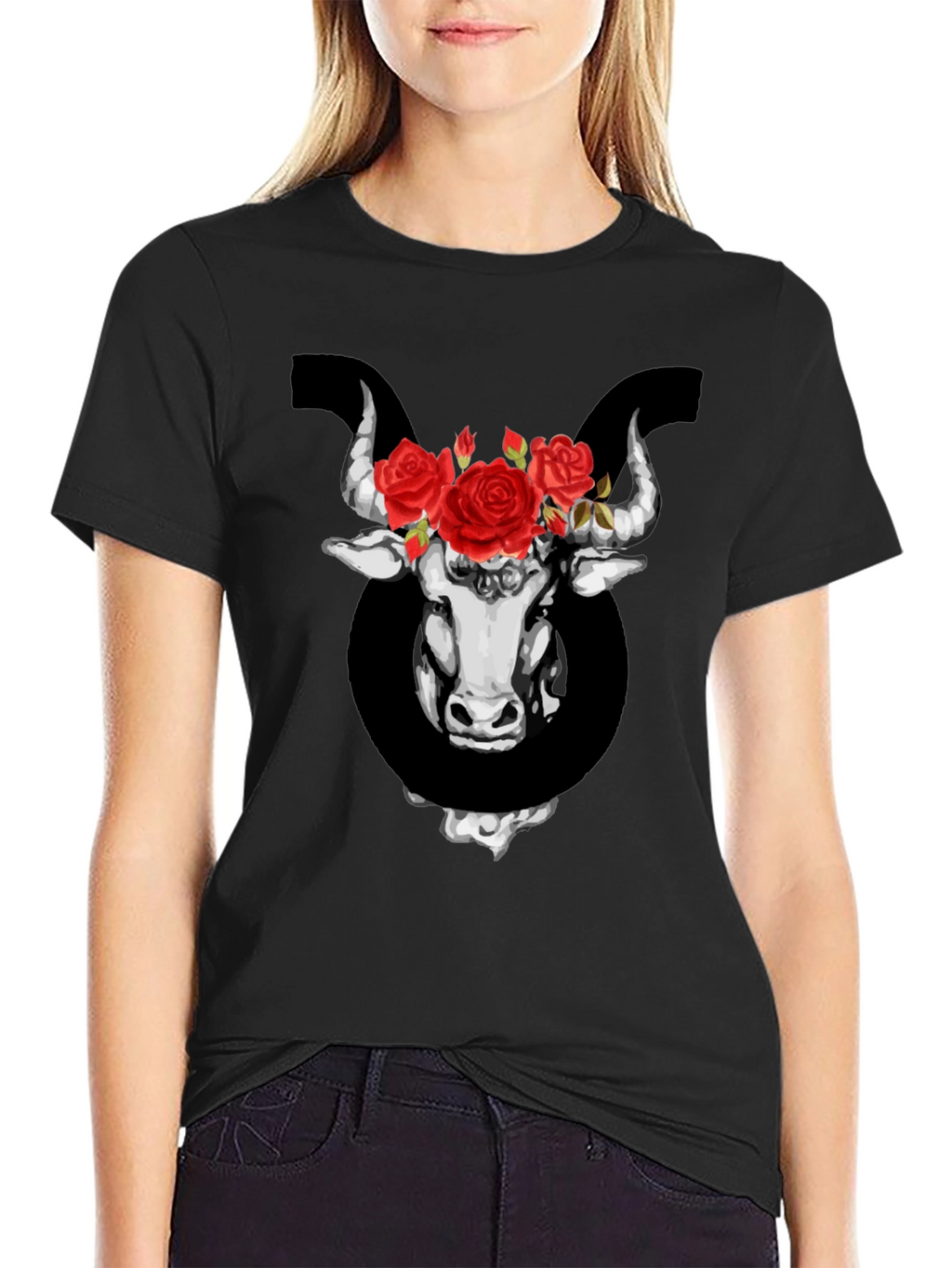 Taurus Zodiac Bull with Roses Graphic T-Shirt