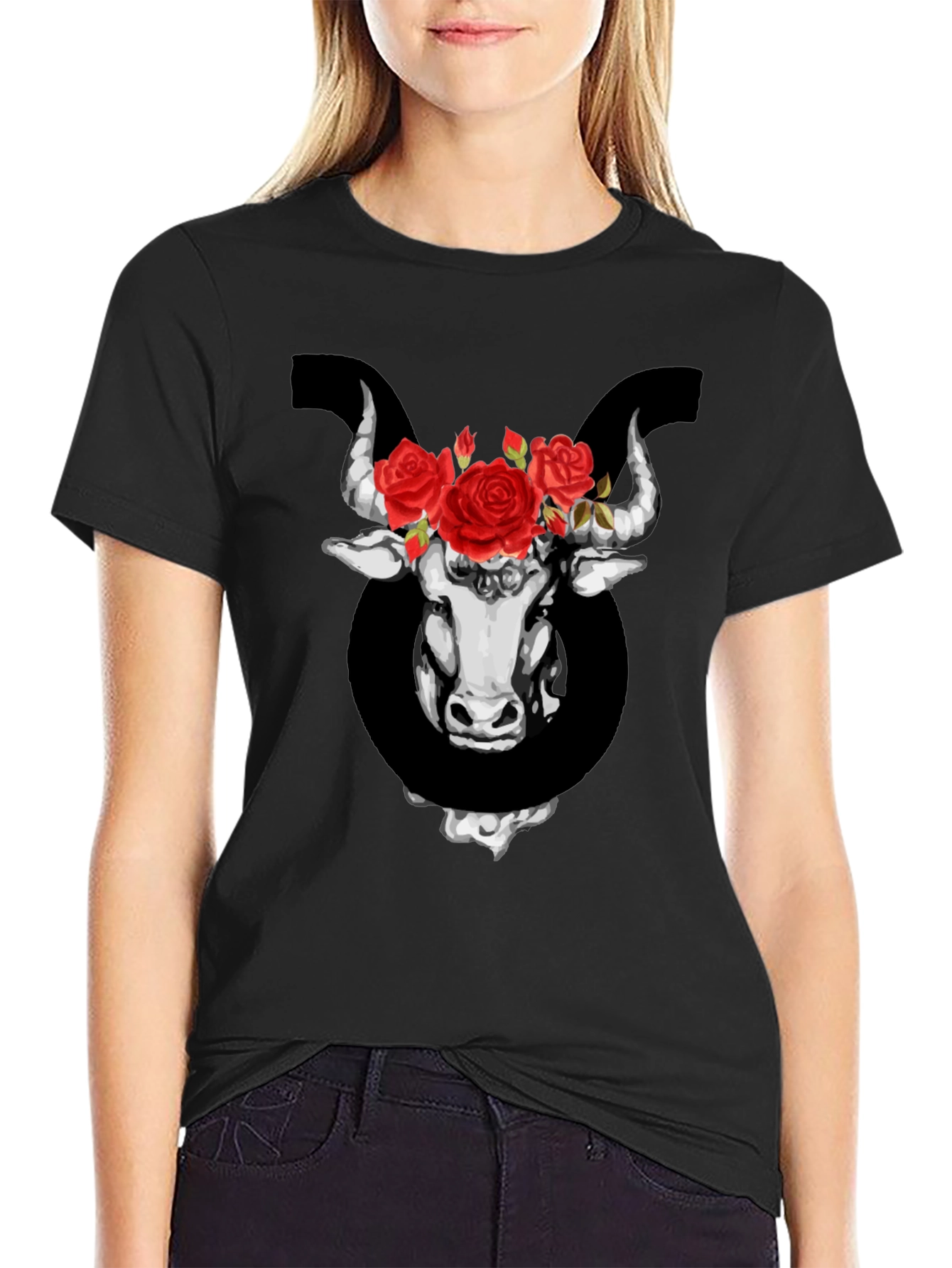 Taurus Zodiac Bull with Roses Graphic T-Shirt