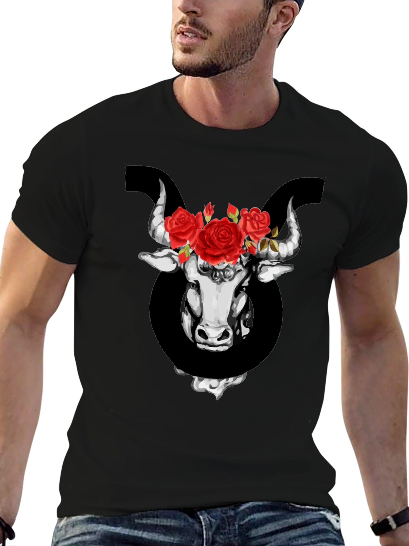 Taurus Zodiac Bull with Roses Graphic T-Shirt
