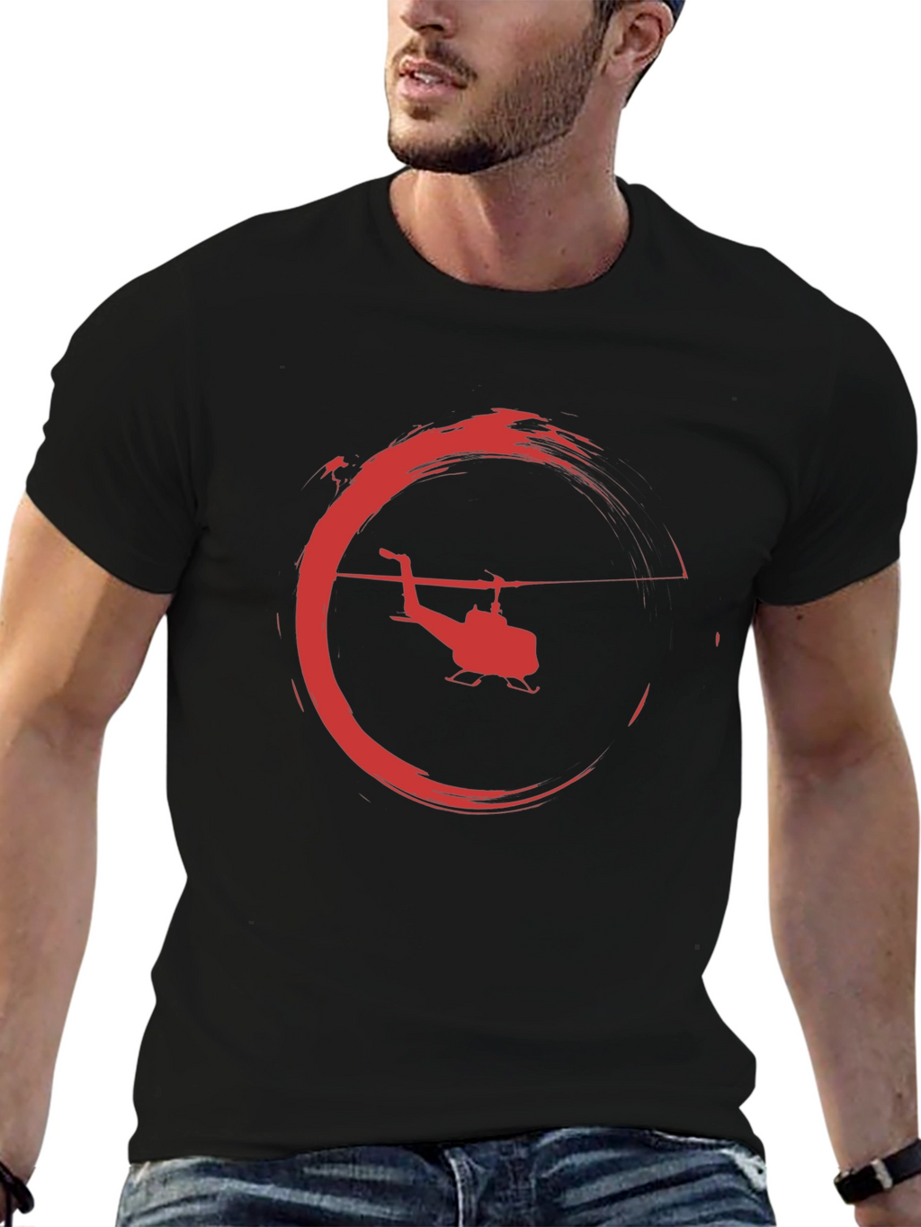 Helicopter Graphic Tee - Black Crew Neck T-Shirt