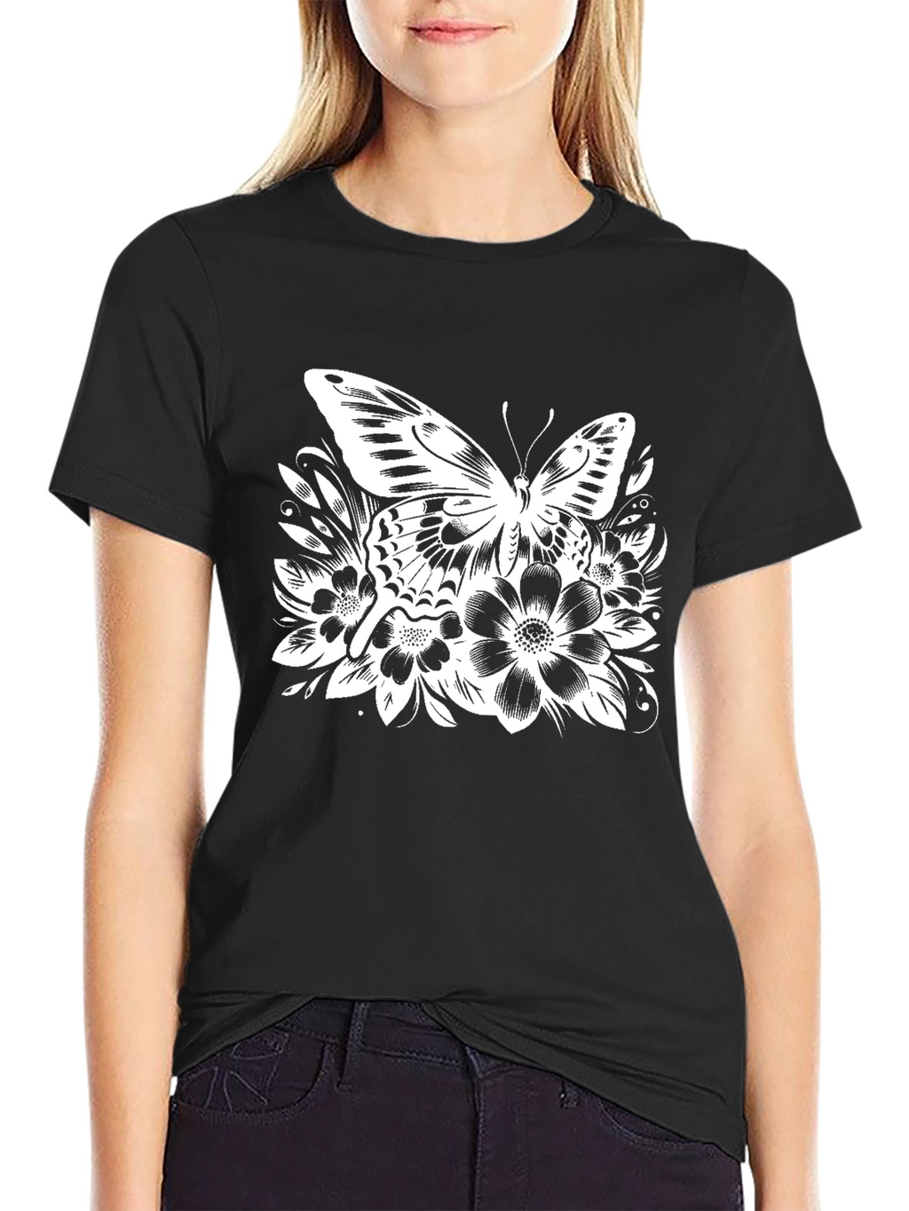 Butterfly Floral Graphic Black T-Shirt