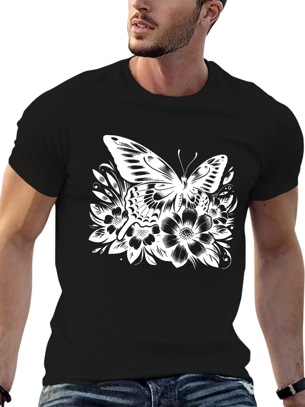 Butterfly Floral Graphic Black T-Shirt