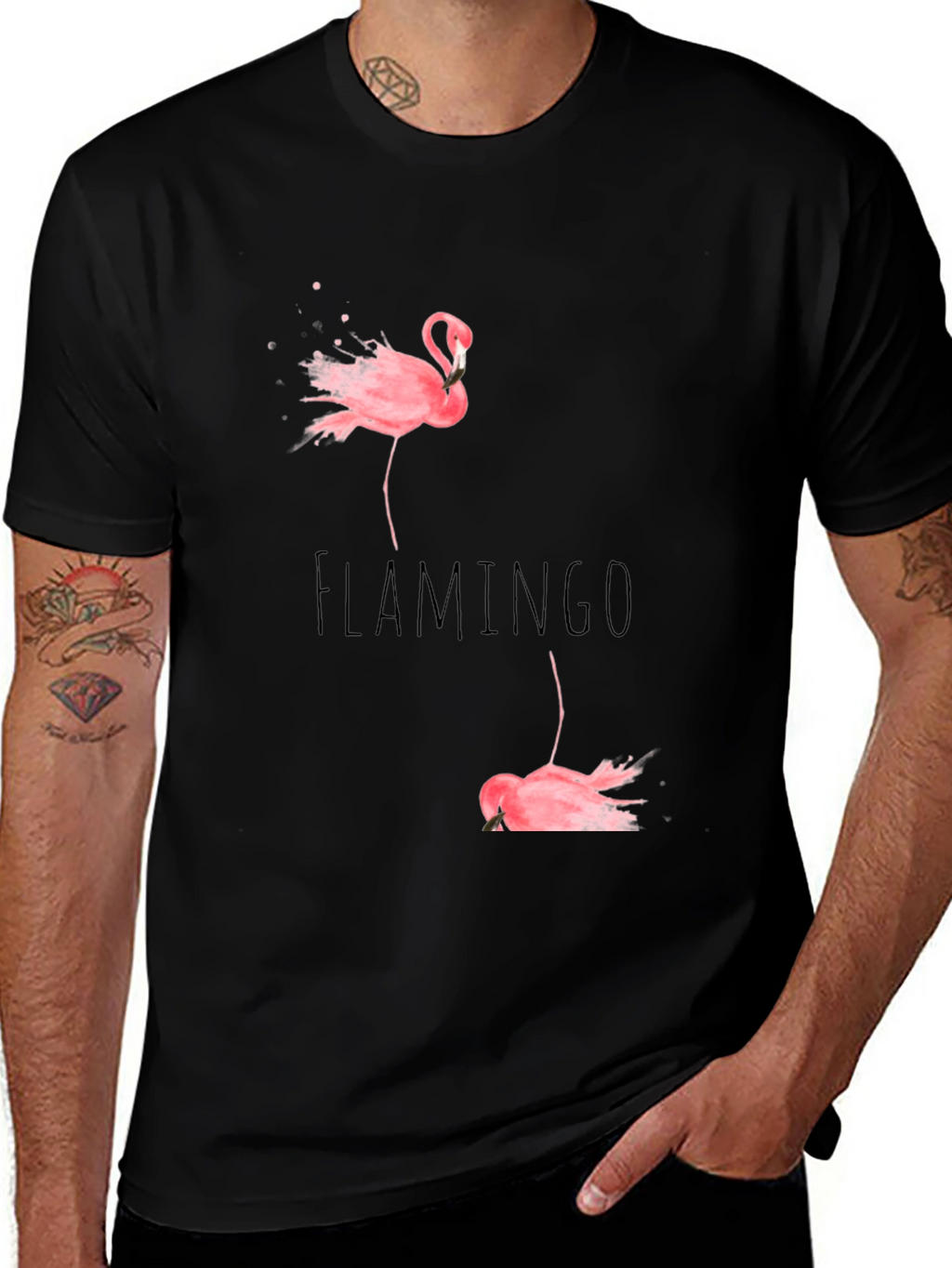 Flamingo Print Black Cotton T-Shirt