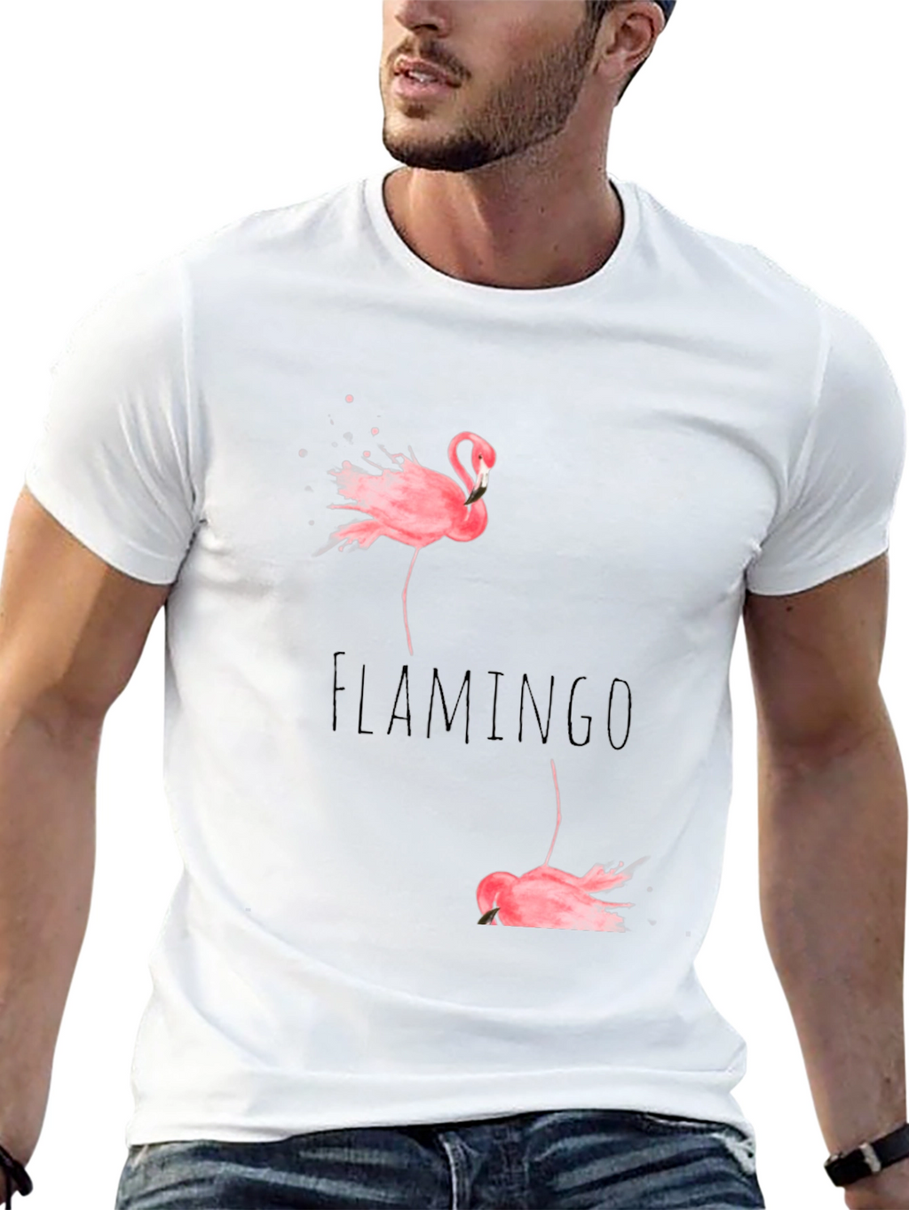 Flamingo Print Black Cotton T-Shirt