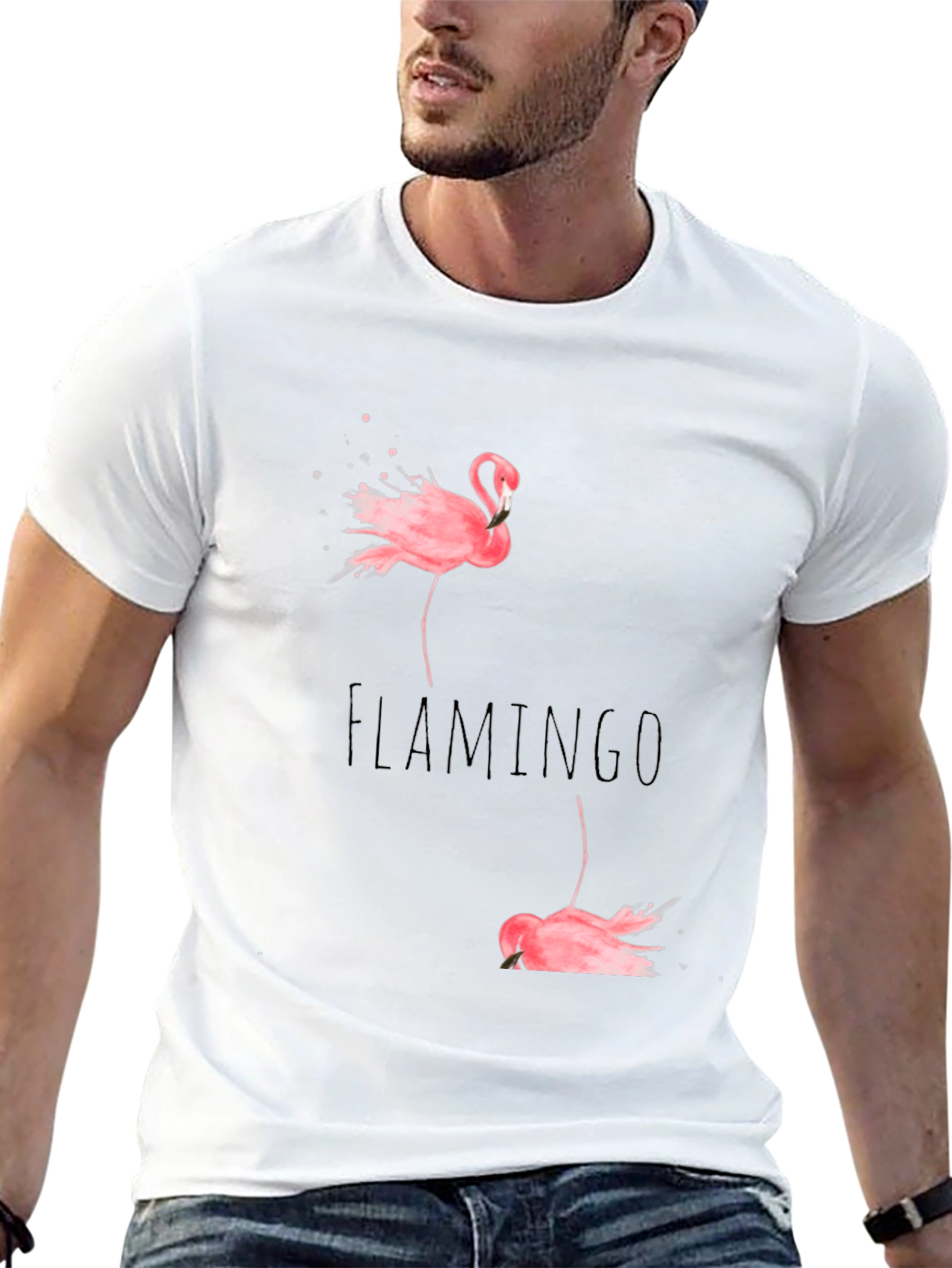 Flamingo Print Black Cotton T-Shirt