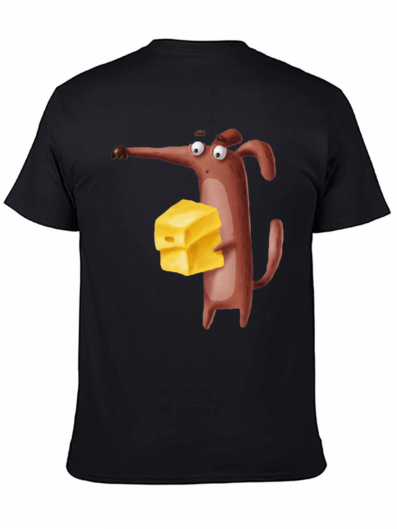 Cartoon Mouse with Cheese Black T-Shirt