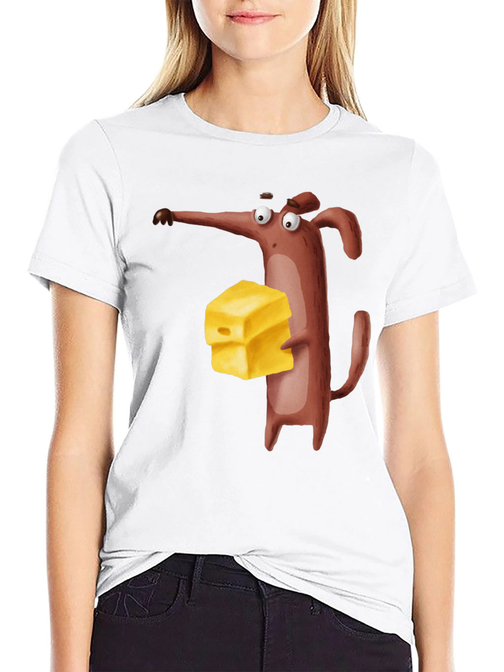 Cartoon Mouse with Cheese Black T-Shirt
