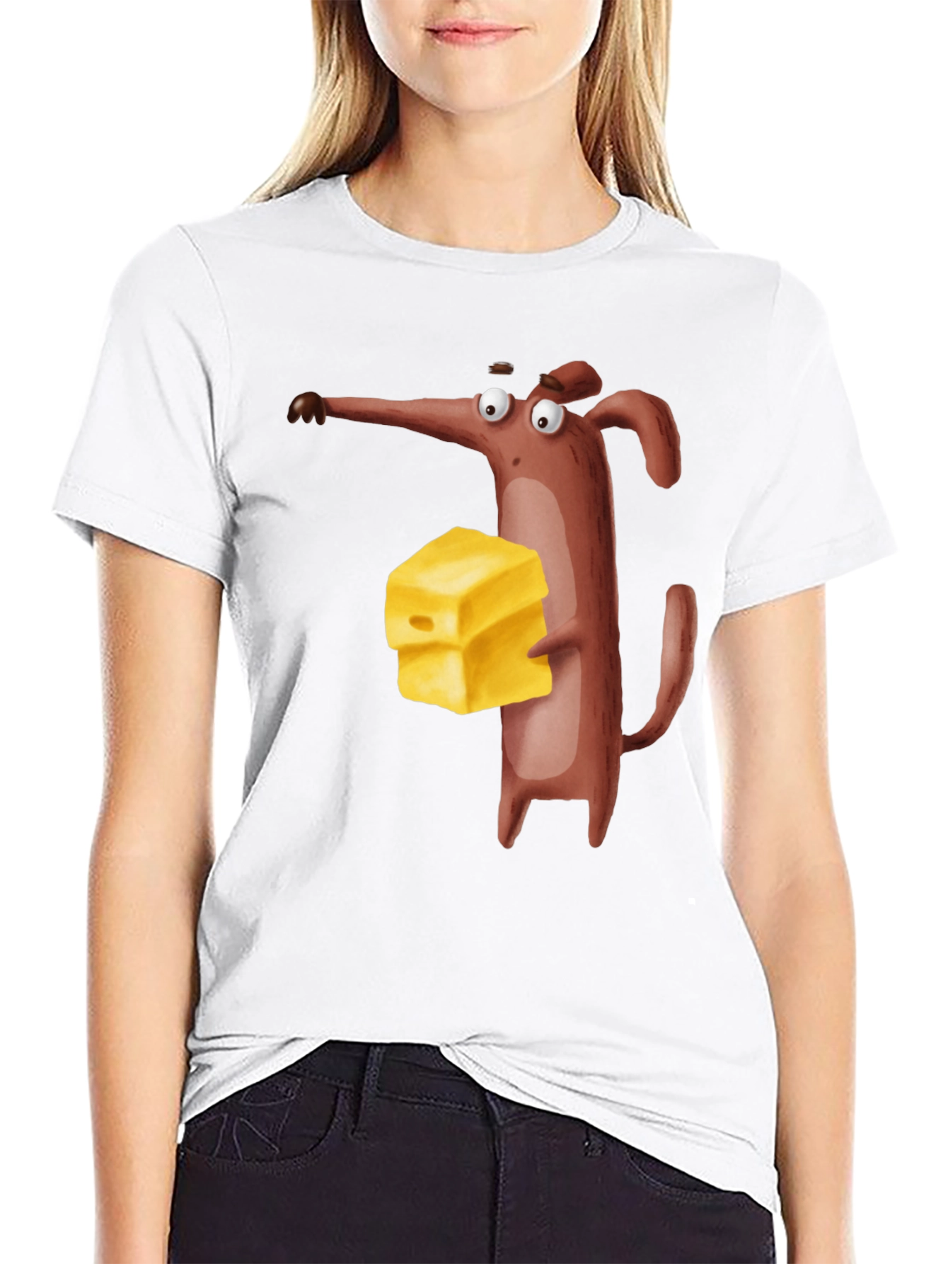 Cartoon Mouse with Cheese Black T-Shirt