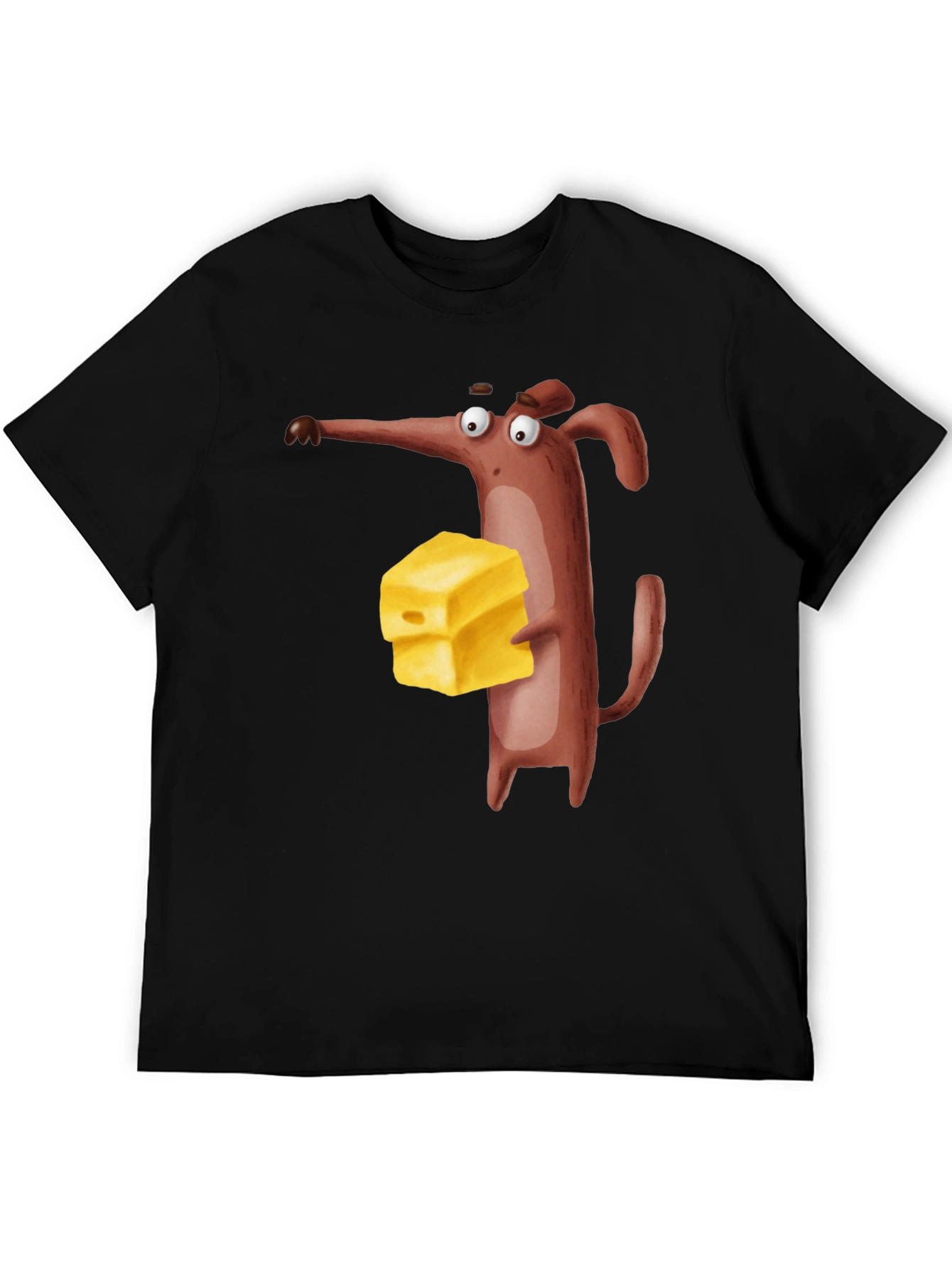 Cartoon Mouse with Cheese Black T-Shirt