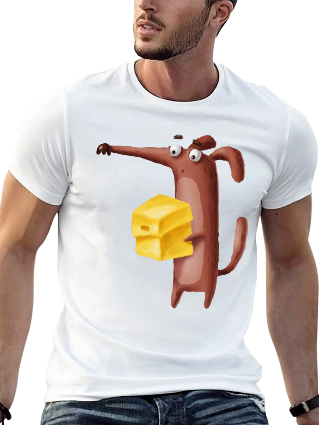 Cartoon Mouse with Cheese Black T-Shirt
