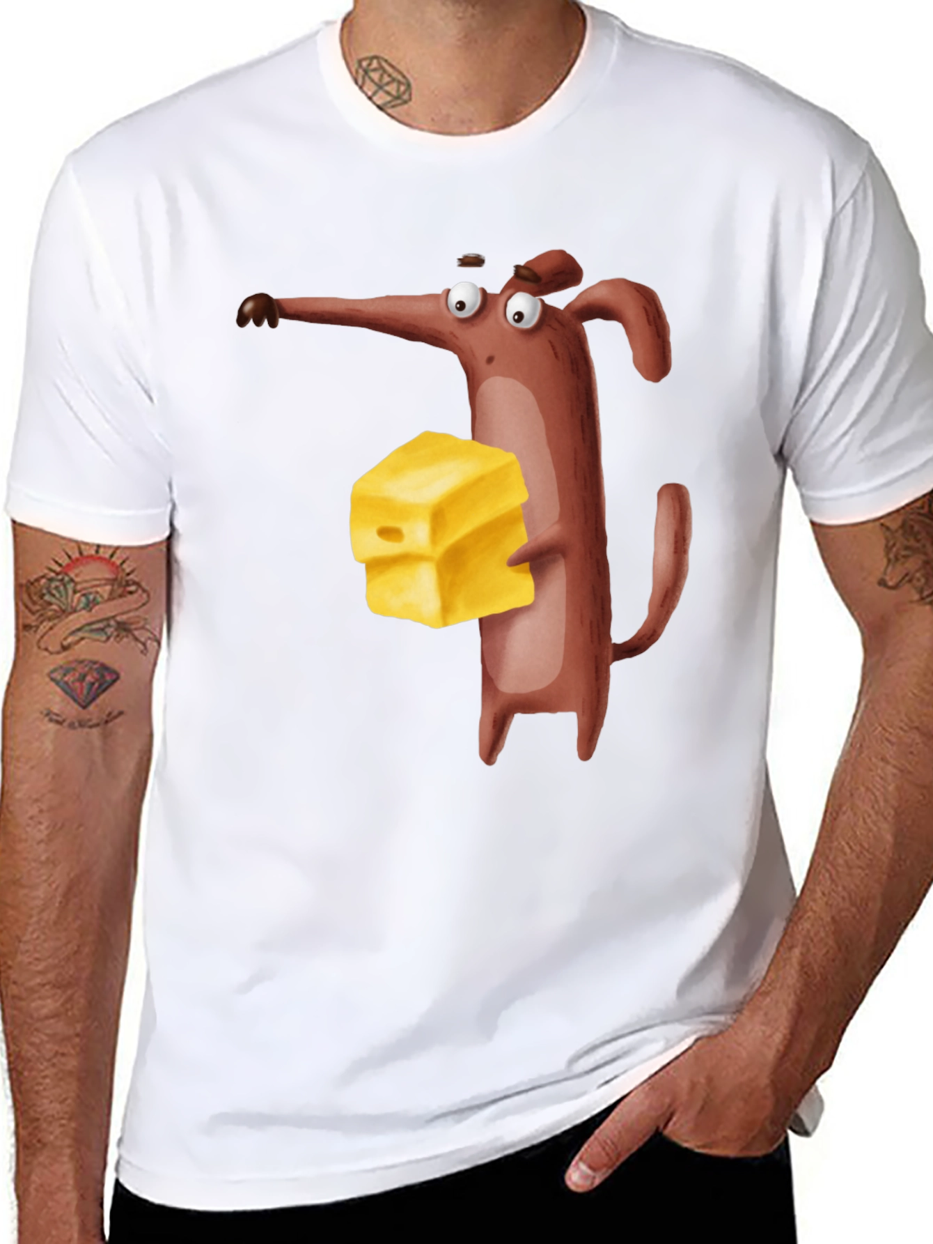 Cartoon Mouse with Cheese Black T-Shirt