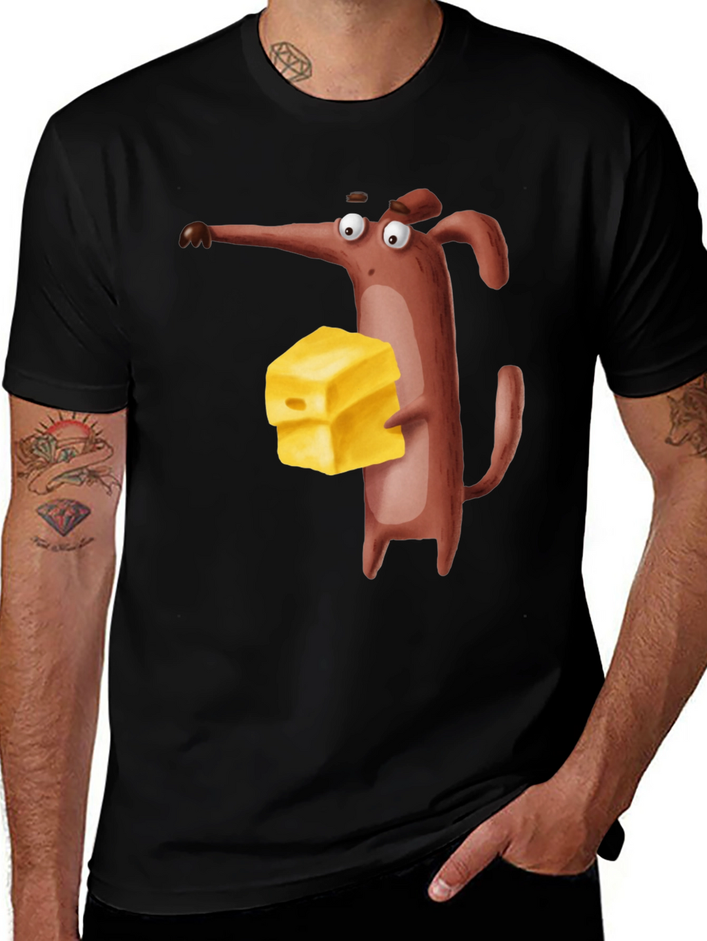 Cartoon Mouse with Cheese Black T-Shirt