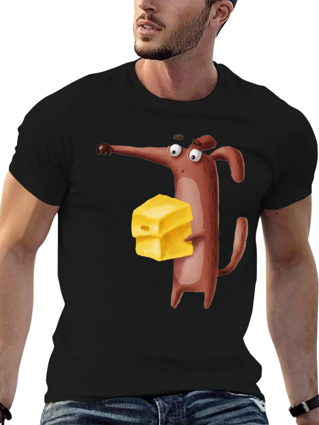 Cartoon Mouse with Cheese Black T-Shirt