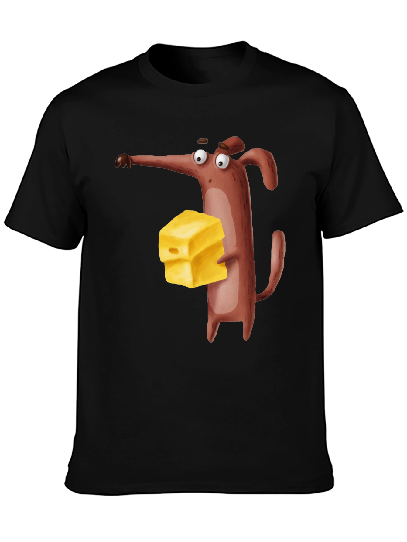 Cartoon Mouse with Cheese Black T-Shirt