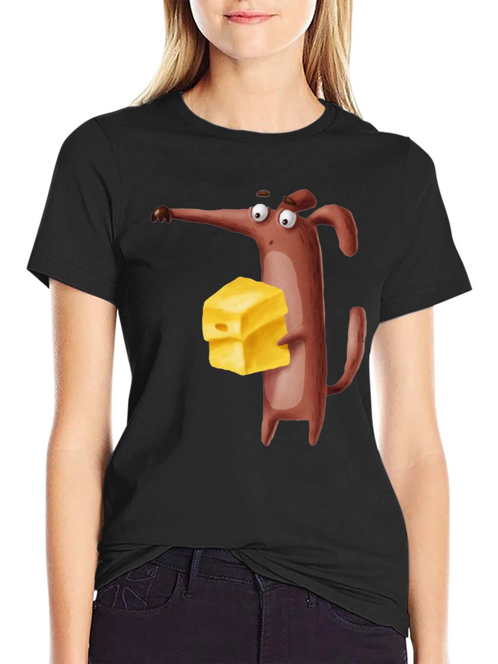 Cartoon Mouse with Cheese Black T-Shirt