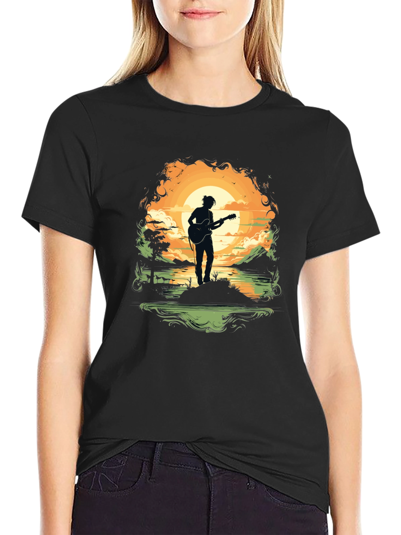 Silhouette Guitarist Sunset Tee
