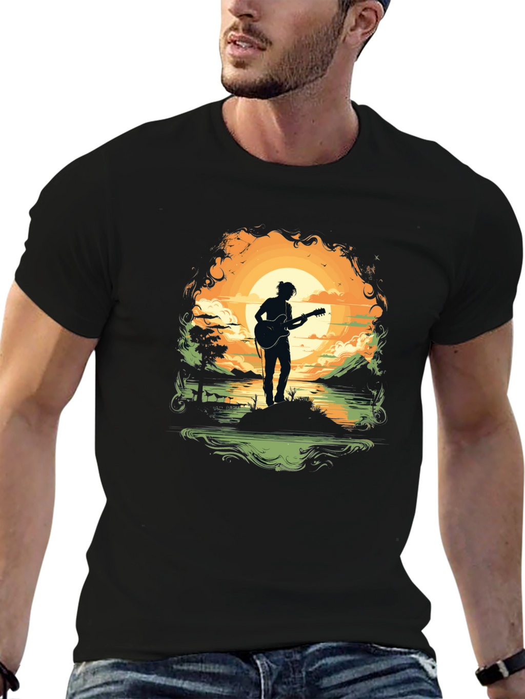 Silhouette Guitarist Sunset Tee
