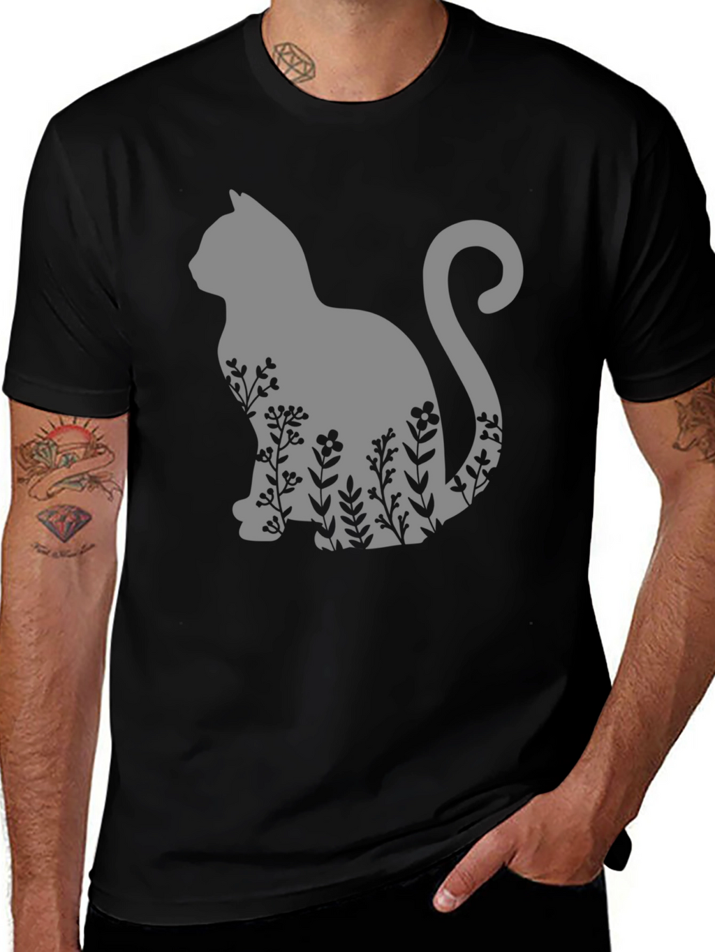 Cat & Floral T-Shirt - Black Tee